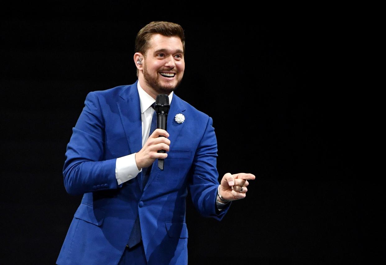 Singer/songwriter Michael Buble performs at T-Mobile Arena on March 30, 2019, in Las Vegas.