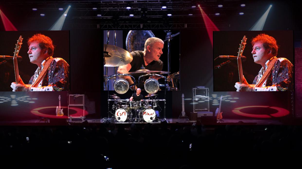 Carl Palmer brings his “Welcome Back My Friends: The Return of Emerson Lake & Palmer 2023 Fall Tour” to the Blue Gate Performing Arts Center in Shipshewana for a concert Nov. 18, 2023. The show uses modern technology and video and audio from a 1992 concert to allow the drummer to play with his two bandmates, Keith Emerson and Greg Lake, both of whom died in 2016.