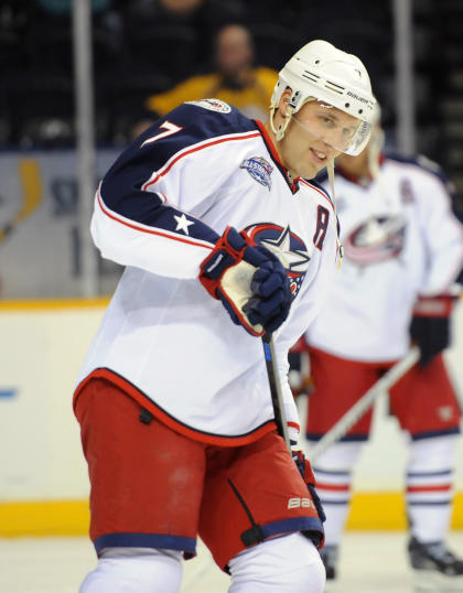 Sep 29, 2014; Nashville, TN, USA; Columbus Blue Jackets defenseman Jack Johnson (7) prior to the game against the Nashville Predators at Bridgestone Arena. (Christopher Hanewinckel-USA TODAY Sports)