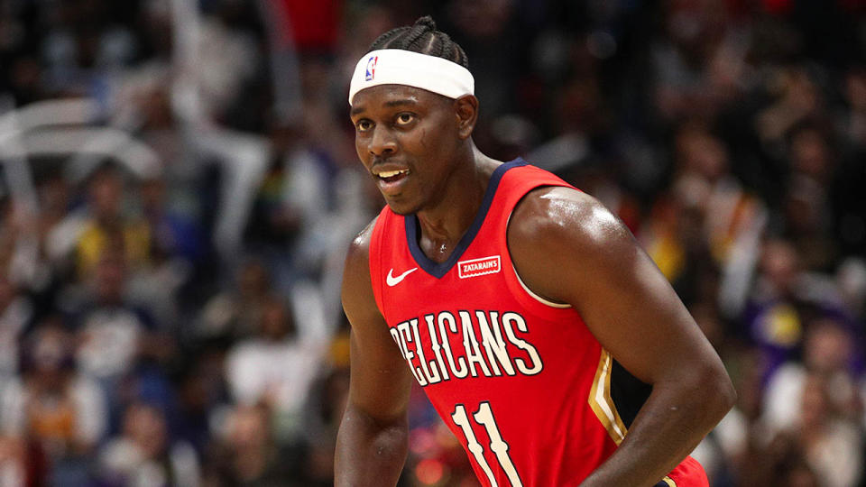 Jrue Holiday smiling during the game against the Lakers.