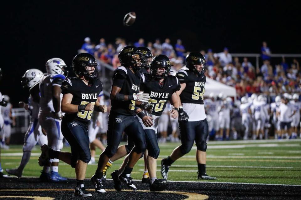 Boyle County’s Montavin Quisenberry (5), who celebrated a touchdown against Lexington Christian on Aug. 26, scored twice in his team’s state semifinal victory against Franklin County on Friday night.