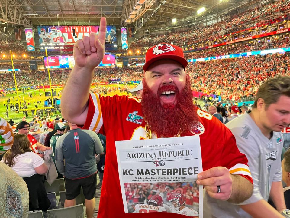 Fans celebrate Kansas City's win in Super Bowl 57.