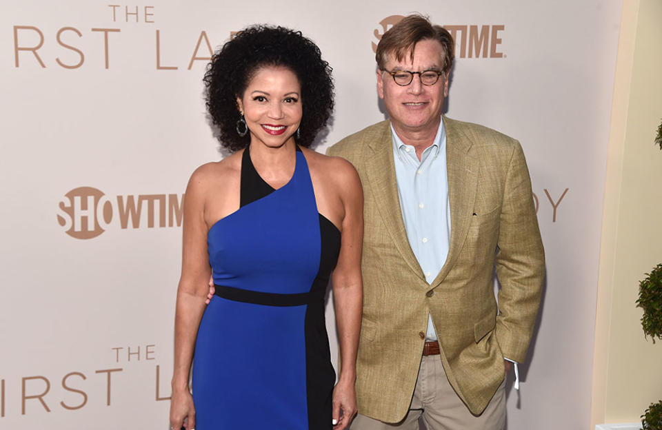 Gloria Reuben and Aaron Sorkin paired up at the premiere. Reuben stars as Valerie Jarrett. - Credit: Alberto E. Rodriguez/Getty Images