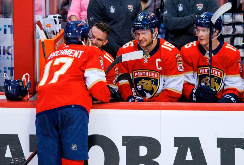 Florida Panthers left wing Mason Marchment (17) talks with left wing Jonathan Huberdeau (11) center Aleksander Barkov (16) and center Anton Lundell (15) during the third period of Game 2 of a first round NHL Stanley Cup series against the Washington Capitals at FLA Live Arena on Thursday, May 5, 2022 in Sunrise, Fl.