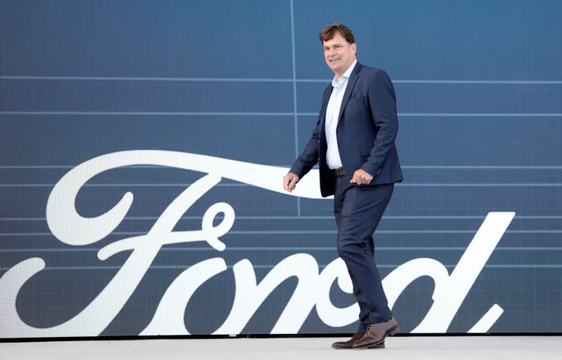 FILE PHOTO: Ford Motor Co. CEO Jim Farley walks to speak at a news conference at the Rouge Complex in Dearborn, Michigan