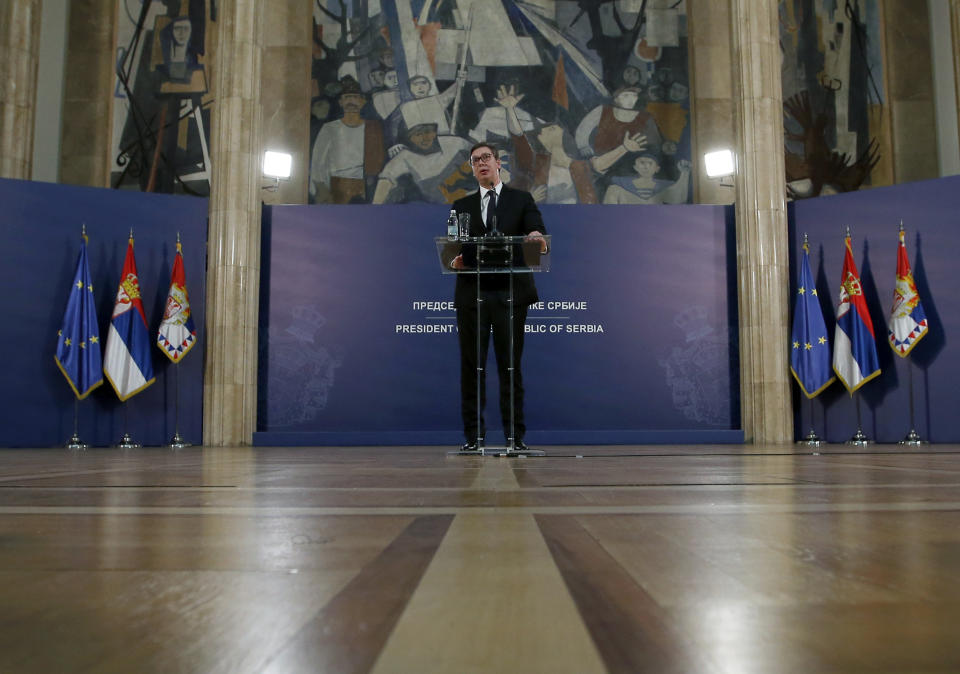 Serbia's President Aleksandar Vucic speaks during a press conference in Belgrade, Serbia, Sunday, March 17, 2019. Vucic has pledged to defend the country's law and order a day after opposition supporters stormed the national TV station protesting what they say is his autocratic rule. (AP Photo/Darko Vojinovic)