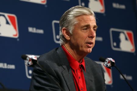 Dec 6, 2016; National Harbor, MD, USA; Boston Red Sox president of baseball operation Dave Dombrowski speaks with the media after the Red Sox made a trade for pitcher Chris Sale (not pictured) at Gaylord National Resort & Convention Center. Mandatory Credit: Geoff Burke-USA TODAY Sports