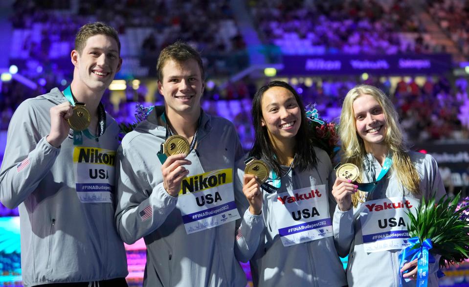 Day 4: The United States team poses with their gold medals after the mixed 4x100-meter medley relay. The team of Hunter Armstrong, Nic Fink, Torri Huske and Claire Curzan won ahead of the Australian and Dutch teams.