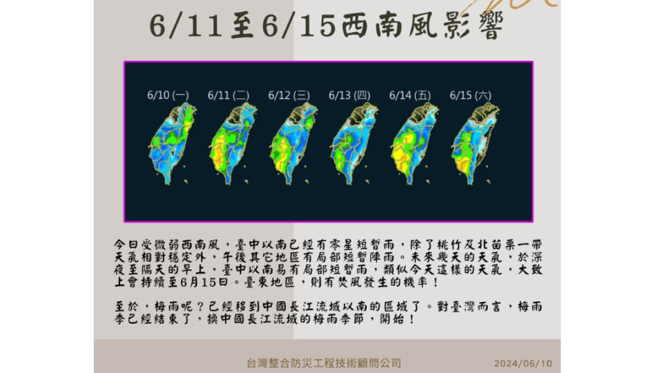 台灣整合防災工程技術顧問公司總監賈新興今天說明未來一周天氣變化，並宣告今年梅雨季結束了。翻攝自賈新興臉書