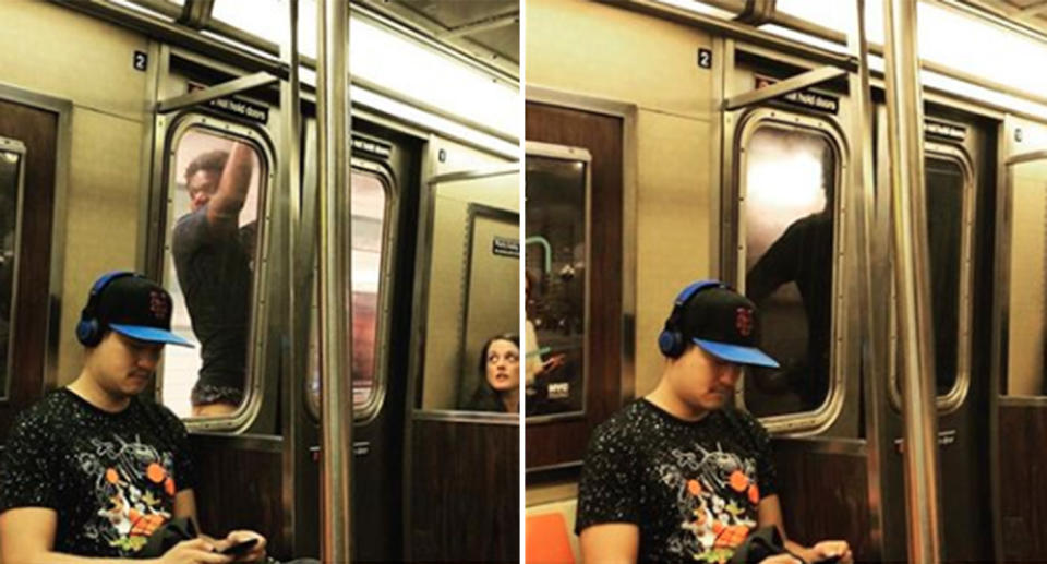 A train surfer has been caught on video dangerously clinging to the doors of a moving train as it sped through a subway, shocking commuters who watched in disbelief. Source: Matthew Beary / Instagram
