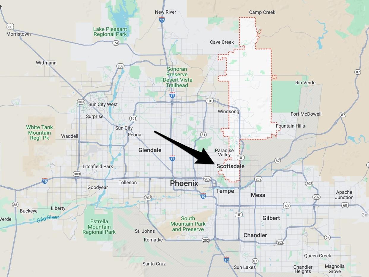 A map of Arizona with an arrow pointing to Scottsdale