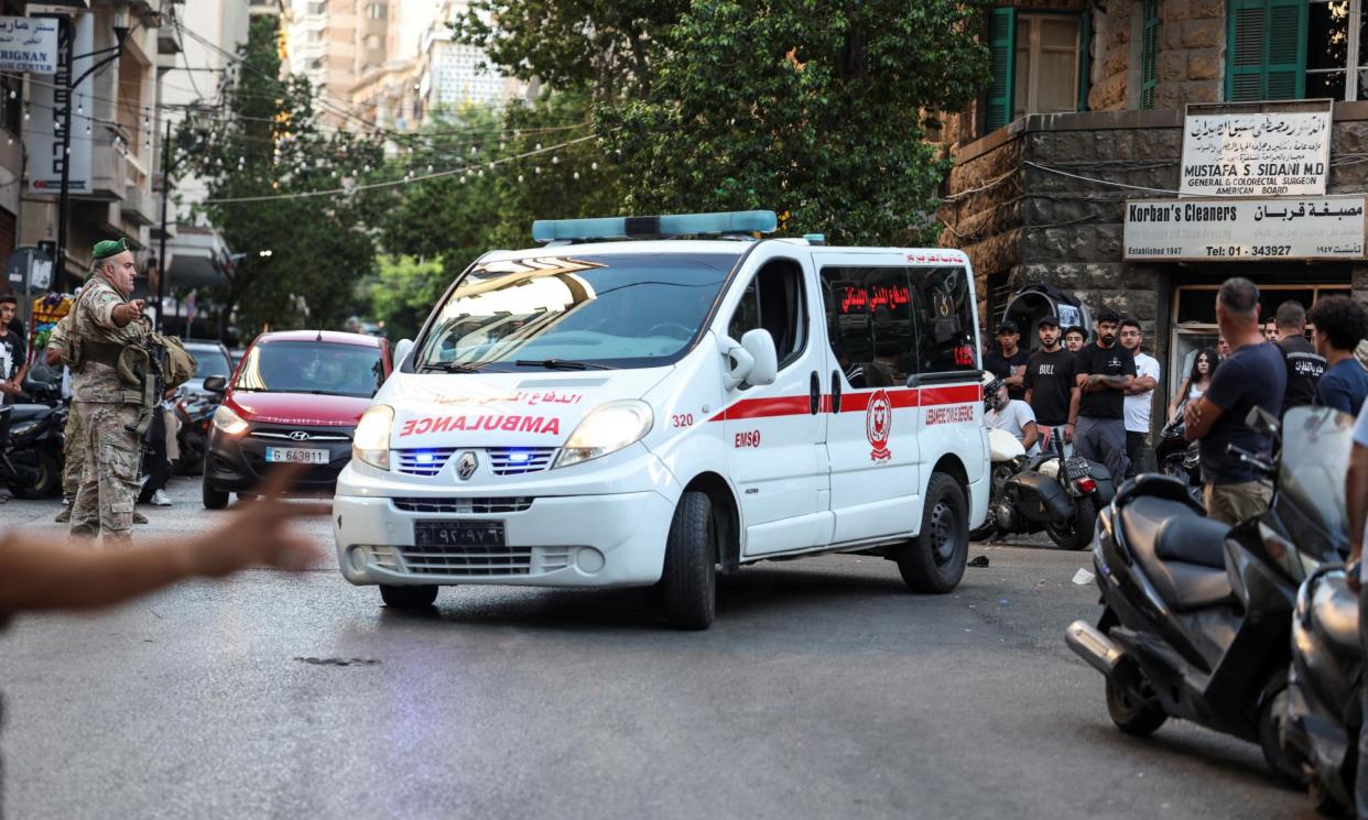 <span>An ambulance arrives at American University of Beirut Medical Center on 17 September. About 3,000 people were injured by exploding pagers in Lebanon.</span><span>Photograph: Mohamed Azakir/Reuters</span>