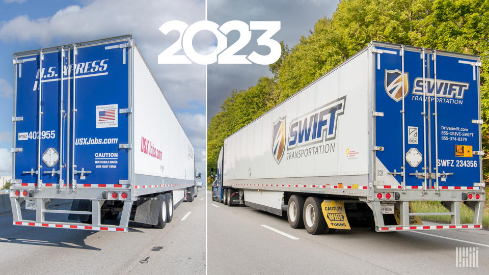 A split image with U.S. Xpress and Knight-Swift tractor-trailers