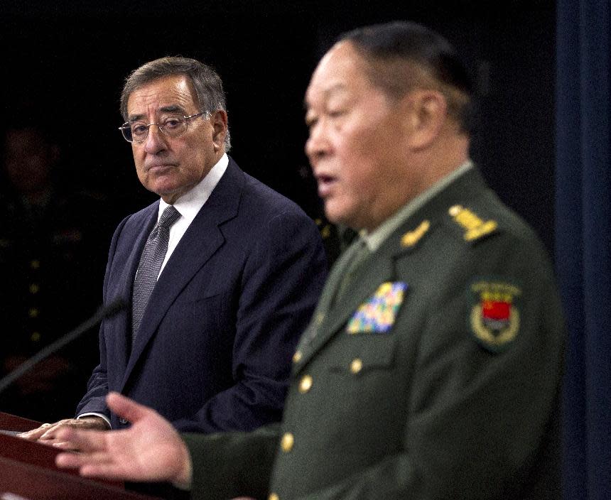 Defense Secretary Leon Panetta and and China's Minister of National Defense Gen. Liang Guanglie, speak during a news conference at the Pentagon, Monday, May 7, 2012, in Washington. (AP Photo/Manuel Balce Ceneta)