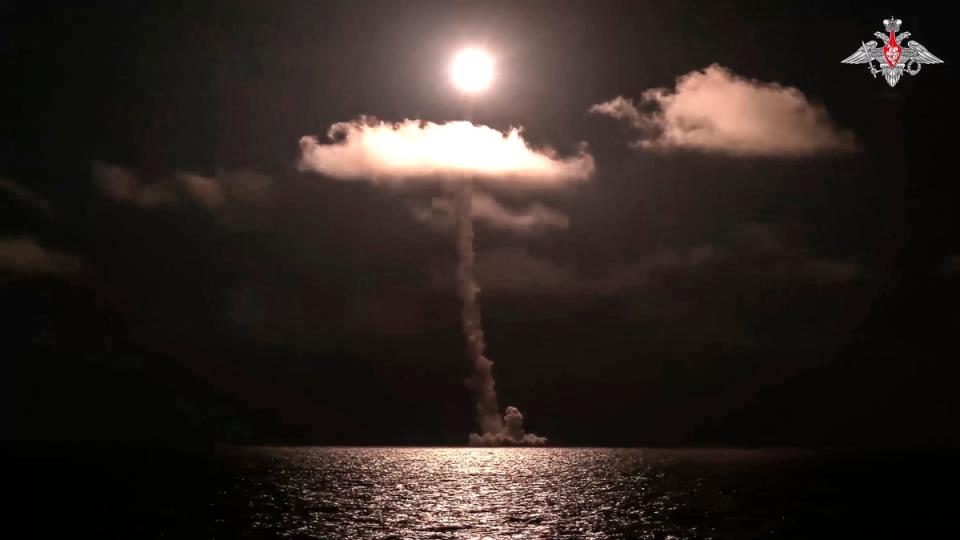 The Emperor Alexander III nuclear submarine of the Russia navy test-fires a Bulava intercontinental ballistic missile (AP)