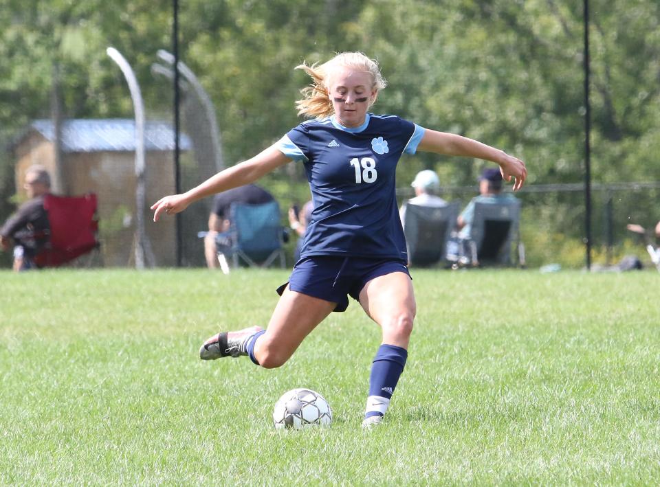 MMU defender Maddison Doyle sends the ball up the field during the Cougars' season-opening 1-0 loss to Rutland in 2021.