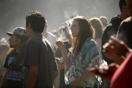 People smoke marijuana at 4:20 p.m. as thousands of marijuana supporters gather at Golden Gate Park in San Francisco, California in this file photo dated April 20, 2012. REUTERS/Robert Galbraith