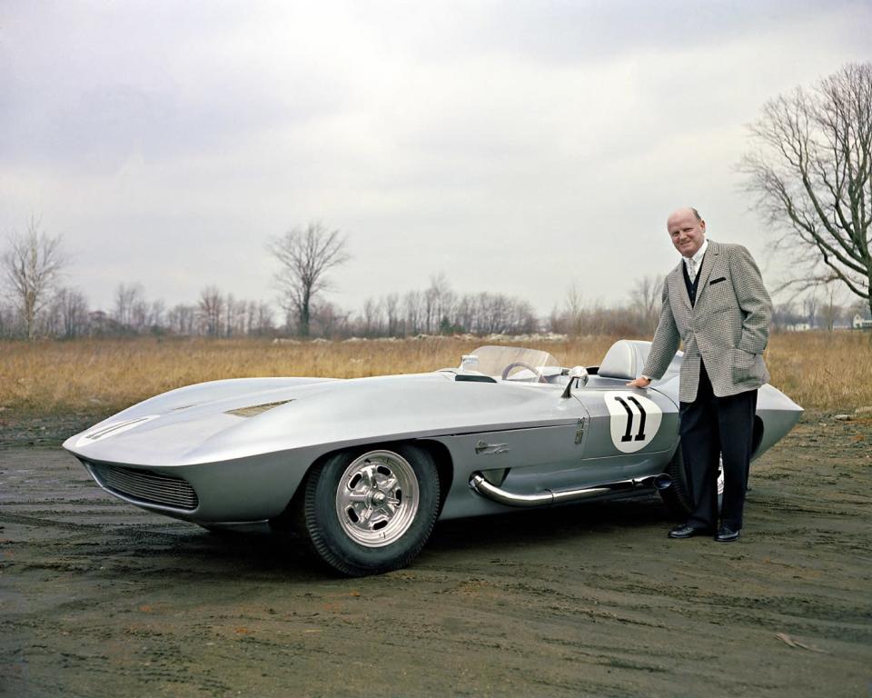 GM chief designer Bill Mitchell with his 1959 Sting Ray, a race car he kept secret from other GM executives.