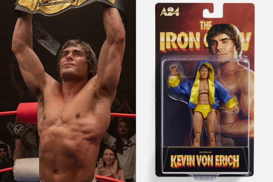 <p>Brian Roedel; A24</p> (Left to right:) Zac Efron in "The Iron Claw," The Iron Claw Kevin Von Erich Action Figure