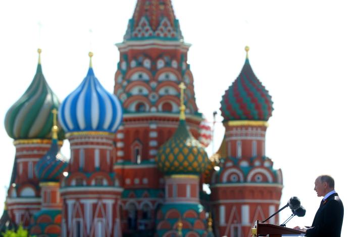 Russian President Vladimir Putin speaks during the Victory Day military parade at Red Square on May 9, 2018 in Moscow, Russia.