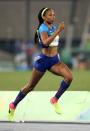 <p>Allyson Felix of USA in action during the women’s 400m on day 8 of the Rio 2016 Olympic Games at Olympic Stadium on August 14, 2016 in Rio de Janeiro, Brazil. (Getty) </p>