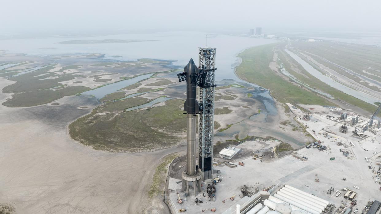  SpaceX's Starship vehicle sits fully stacked at the Starbase facility in South Texas on April 6, 2023, ahead of a planned orbital test flight attempt.  