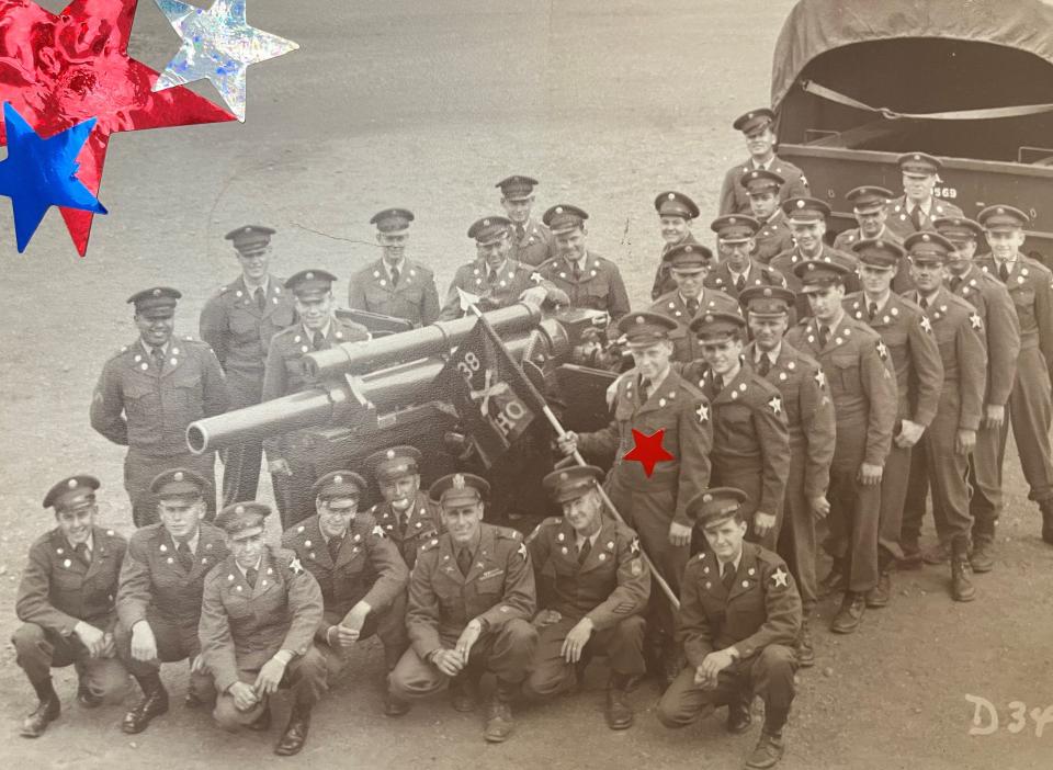 Alva Greenwood, Jr., (marked by the star) is shown with his comrades in the 38th Field Artillery Battalion of the Second Division.