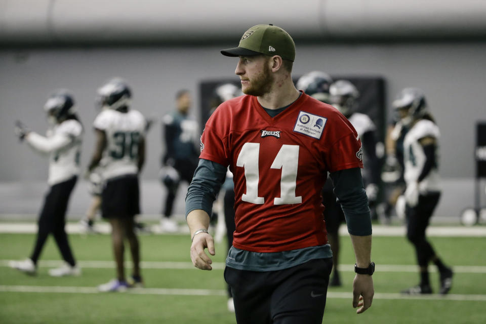 Philadelphia Eagles quarterback Carson Wentz said he hasn't fully healed from a back injury last season. (AP)