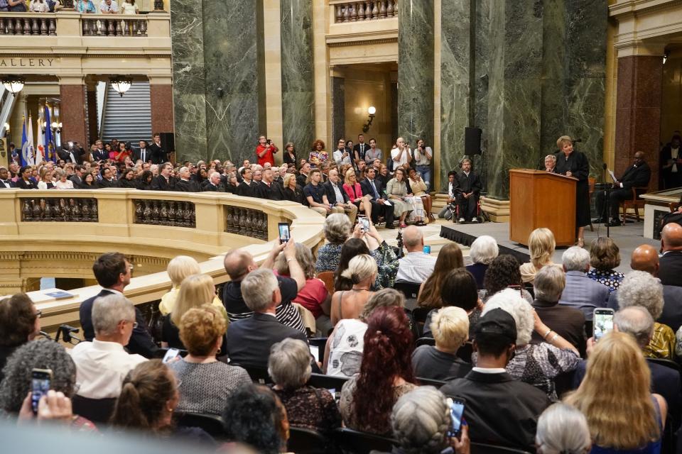 Janet Protasiewicz speaks after being sworn in as a Wisconsin Supreme Court justice ,Tuesday, Aug. 1, 2023, in Madison, Wis. (AP Photo/Morry Gash)