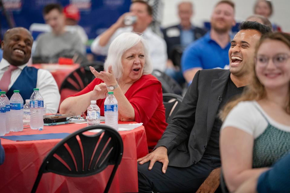 Republican presidential candidate Vivek Ramaswamy laughs at a joke during the Polk County Summer Sizzle fundraising event in Clive, Friday, Aug. 25, 2023.