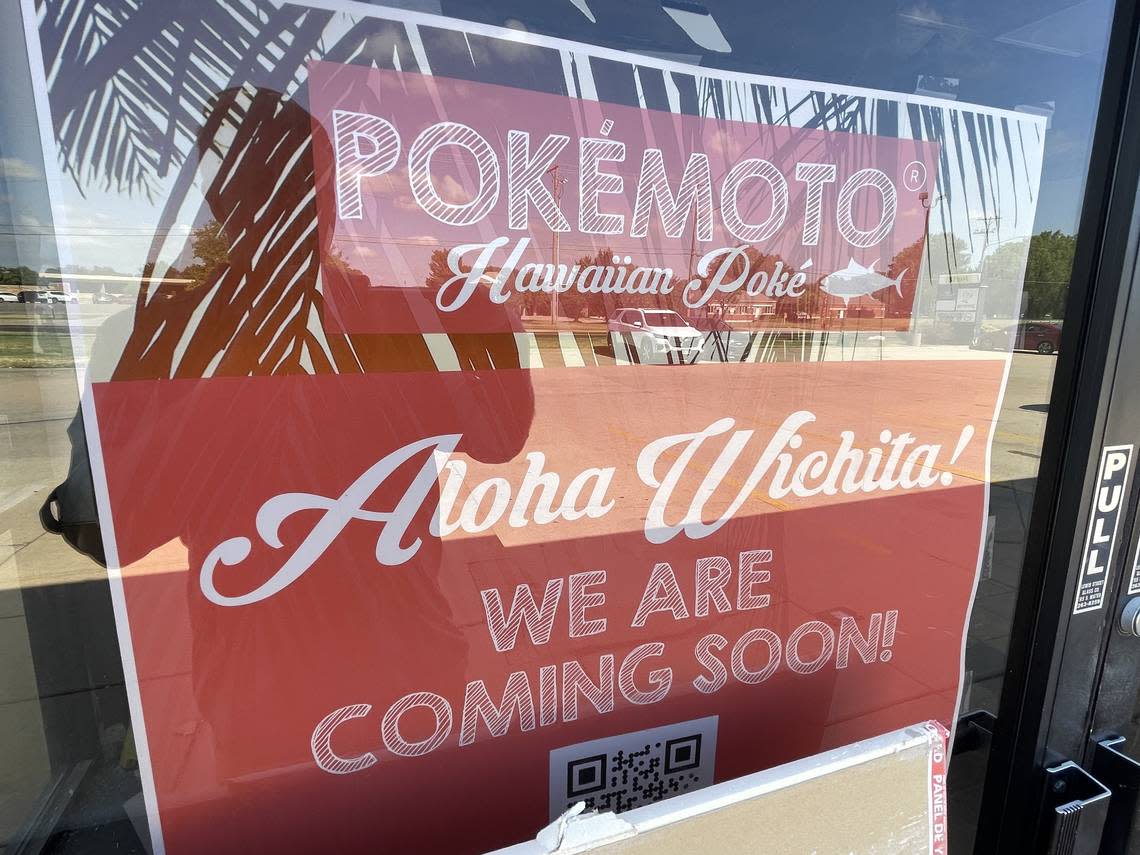 A sign in the window of the former Quiznos at 550 N. Webb Road announces the impending arrival of Pokemoto.