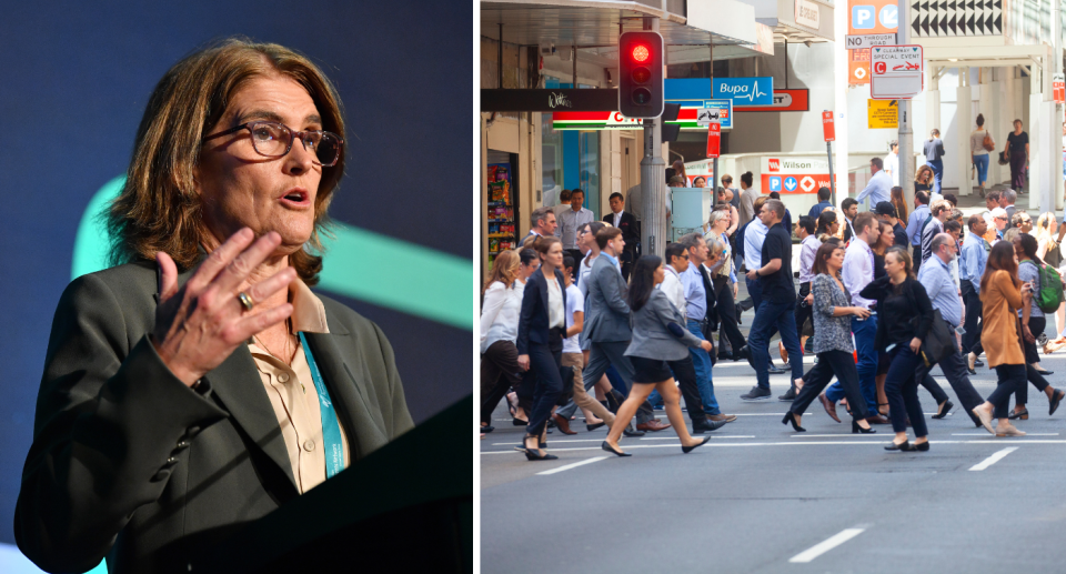 Composite image of RBA governor Michele Bullock talking about interest rates, and pedestrians crossing a Sydney street.