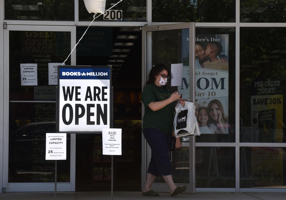 SANFORD, UNITED STATES - MAY 04, 2020: A customer leaves a Books-A-Million store on the first day that retail stores and restaurants in all Florida counties except Palm Beach, Broward, and Miami Dade were permitted to reopen as COVID-19 restrictions are eased. Under phase one of the plan to reopen the state, stores and restaurants are limited to 25 percent of their indoor capacity.- PHOTOGRAPH BY Paul Hennessy / Echoes Wire/ Barcroft Studios / Future Publishing (Photo credit should read Paul Hennessy / Echoes Wire/Barcroft Media via Getty Images)