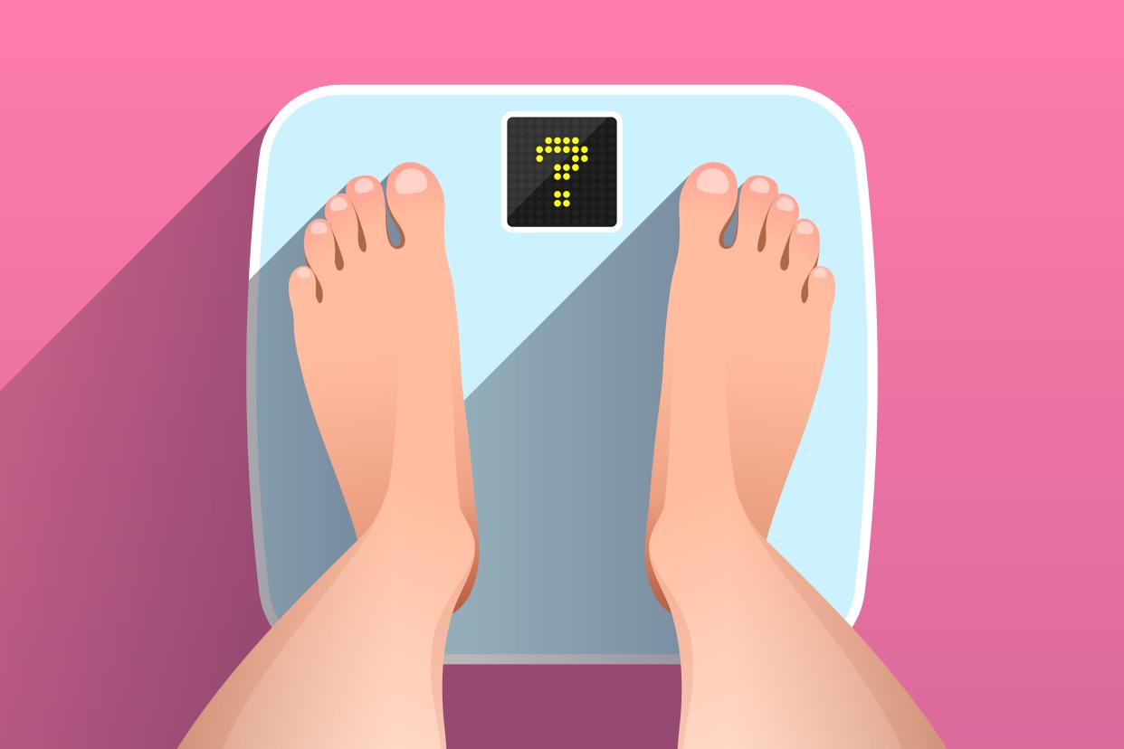 woman standing on bathroom scales with question mark on display, top view of feet over pink background, concept of weight measurement and control.