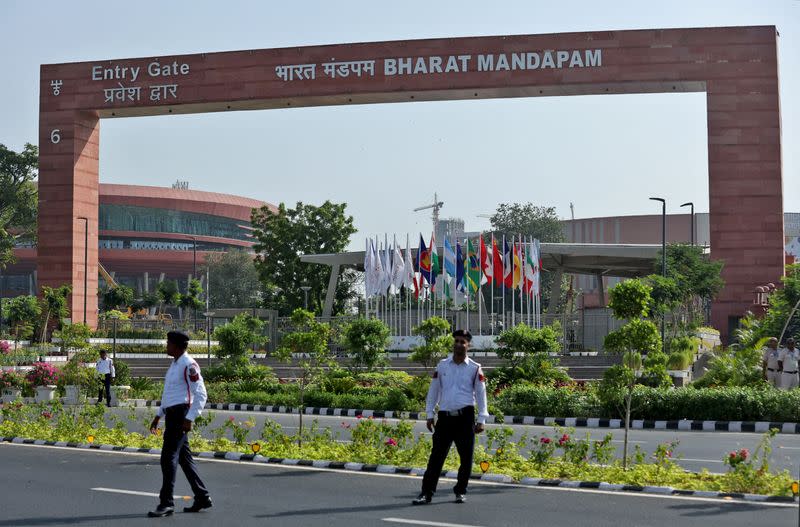 FILE PHOTO: Police stand on a road outside 'Bharat Mandapam' in New Delhi