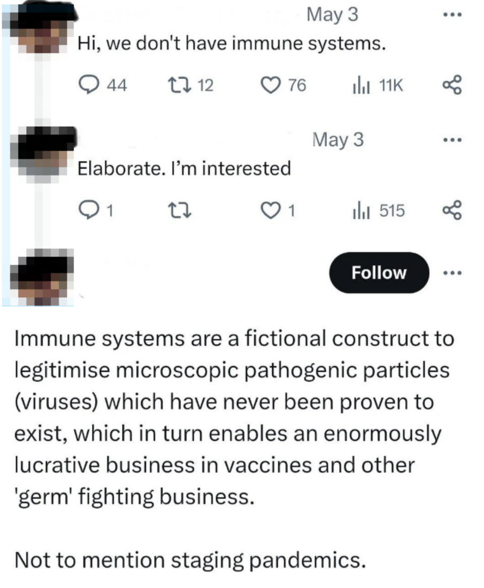 Twitter conversation: User states immune systems don't exist. Second user asks for elaboration. Original user claims immune systems are fictional to profit from vaccines