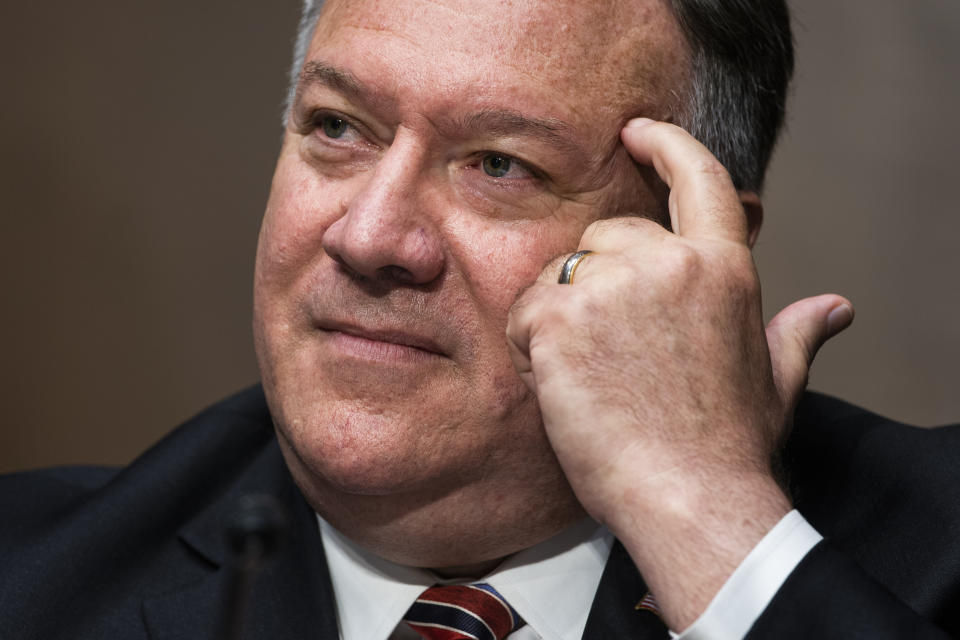 Secretary of State Mike Pompeo testifies before a Senate Foreign Relations committee hearing on the State Department's 2021 budget on Capitol Hill Thursday, July 30, 2020, in Washington. (Jim Lo Scalzo/Pool via AP)