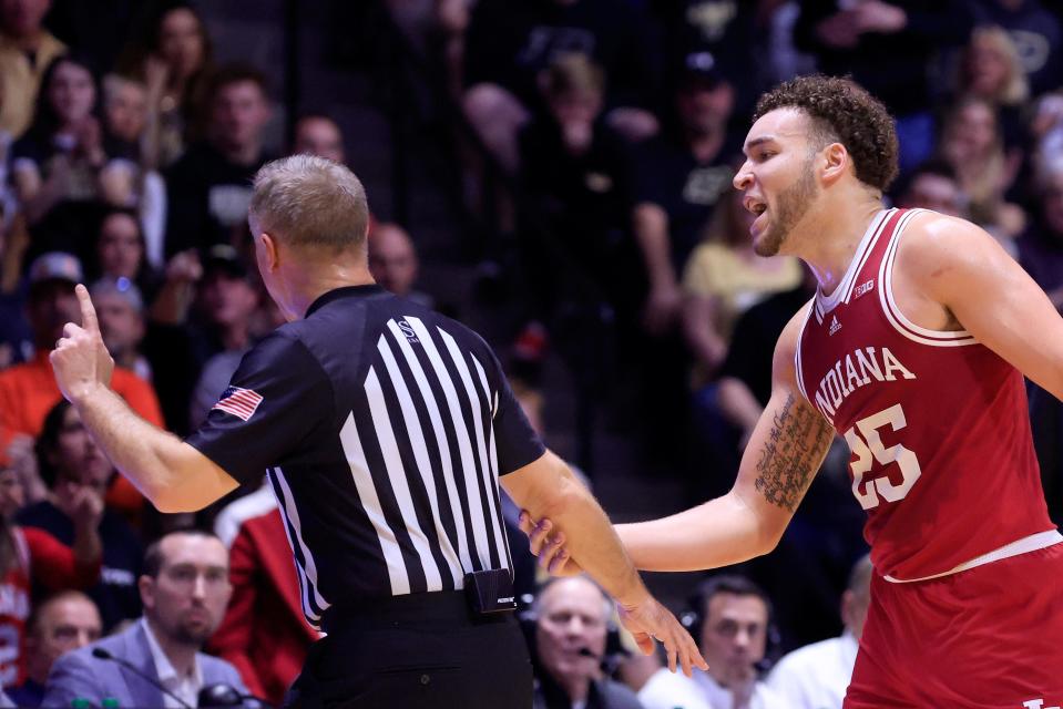 Race Thompson of the Indiana Hoosiers talks with the official during the first half in the game against the Purdue Boilermakers on March 5.