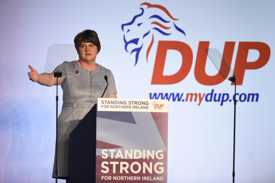 Arlene Foster, Leader of the DUP speaking during the DUP annual conference at the Crown Plaza Hotel in Belfast. Saturday Oct. 26, 2019. (Michael Cooper/PA via AP)