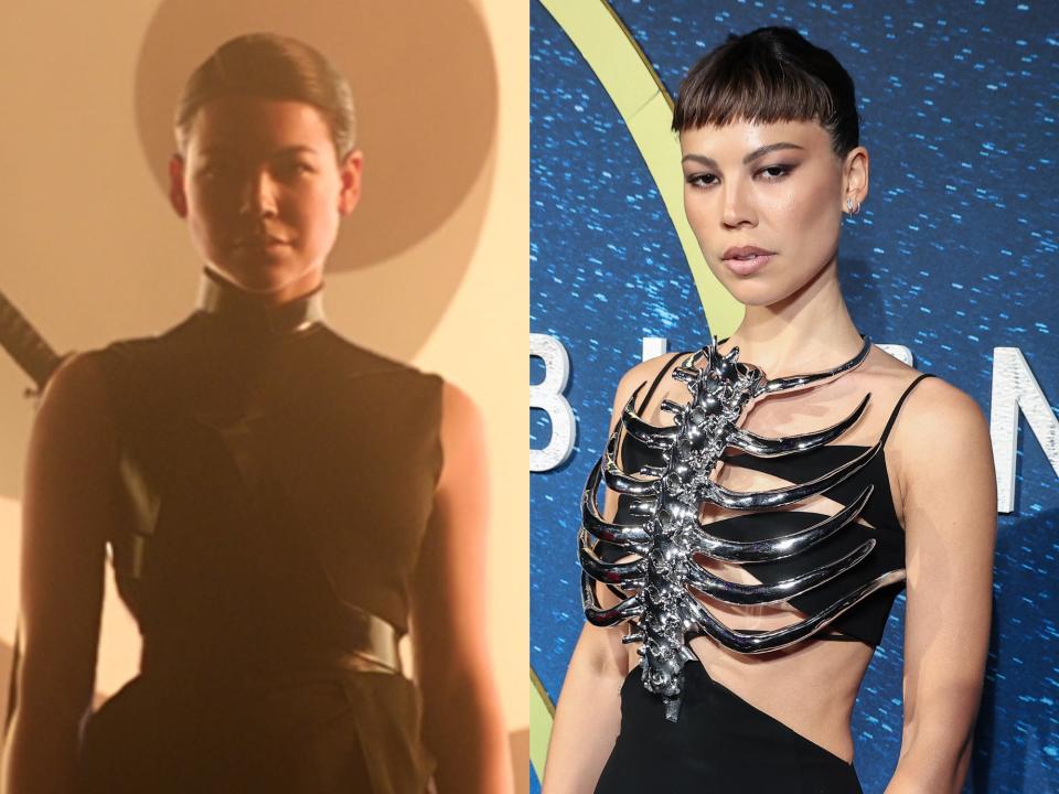 left: sea shimooka as sophon, a woman floating in the air with a sword strapped to her back. she's wearing a sleeveless black top and long flowing skirt; right: shimooka on a red carpet, wearing a black cutout dress and silver chest piece that looks like a spine and ribs. her hair is cropped short