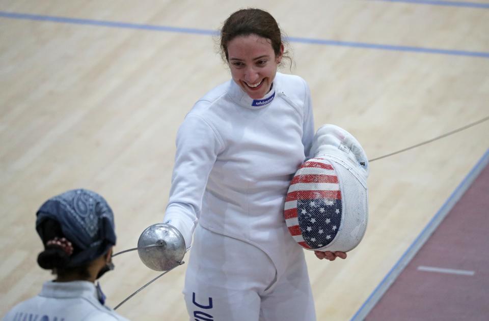 Margherita Guzzi Vincenti, from USA, during the The 55th International Ciutat de Barcelona World Cup Women's Epee Fencing tournament, in Barcelona, February 2022.