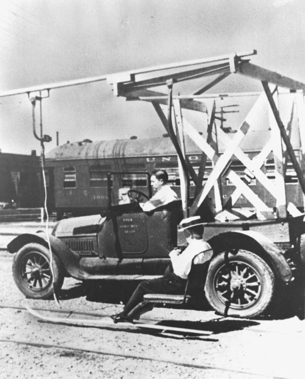 Prototype chairlift attached to a truck for testing. Credit: <a href="https://www.up.com/customers/track-record/tr071719-ski-lift.htm#:%7e:text=In%20December%20of%201936%2C%20Union,sport%20of%20snow%20skiing%20forever." rel="nofollow noopener" target="_blank" data-ylk="slk:Union Pacific Railroad;elm:context_link;itc:0;sec:content-canvas" class="link ">Union Pacific Railroad</a>