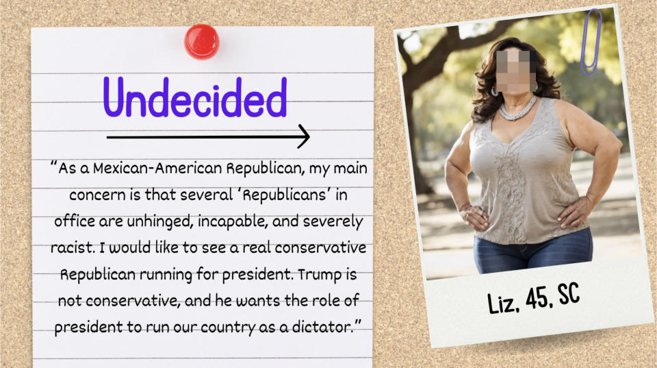 A note reads: "As a Mexican-American Republican... running our country as a dictator." A photo shows Liz, 45, SC, smiling and outdoors.