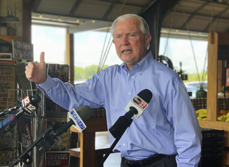 Former U.S. Attorney General Jeff Sessions speaks to reporters during a campaign stop at Sweet Creek restaurant and farmers market, south of Montgomery, Ala., Monday, July 6, 2020. (Kim Chandler/AP Photo)