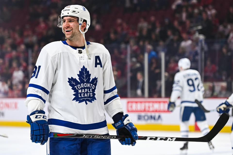 MONTREAL, QC - APRIL 06: Toronto Maple Leafs center John Tavares (91) laughing at warm-up before the Toronto Maple Leafs versus the Montreal Canadiens game on April 06, 2019, at Bell Centre in Montreal, QC (Photo by David Kirouac/Icon Sportswire via Getty Images)