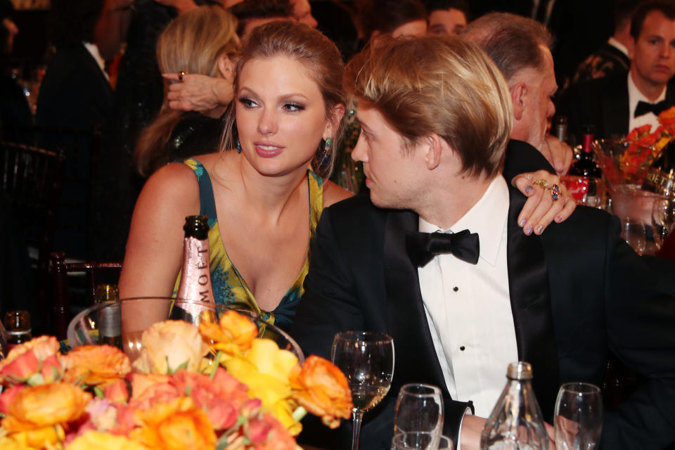 Closeup of Taylor Swift and Joe Alwyn at an event