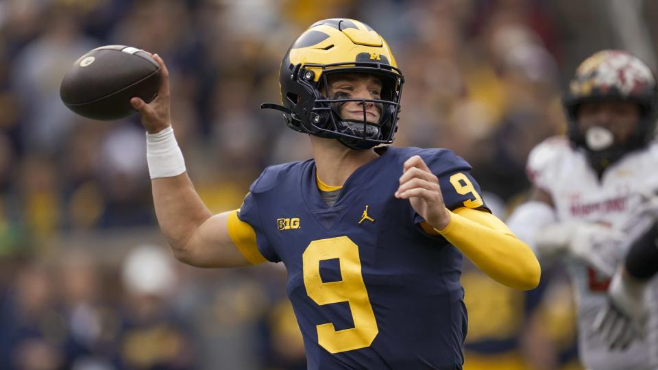 Michigan quarterback J.J. McCarthy throws against Maryland in the second half of an NCAA college football game in Ann Arbor, Mich., Saturday, Sept. 24, 2022. (AP Photo/Paul Sancya)