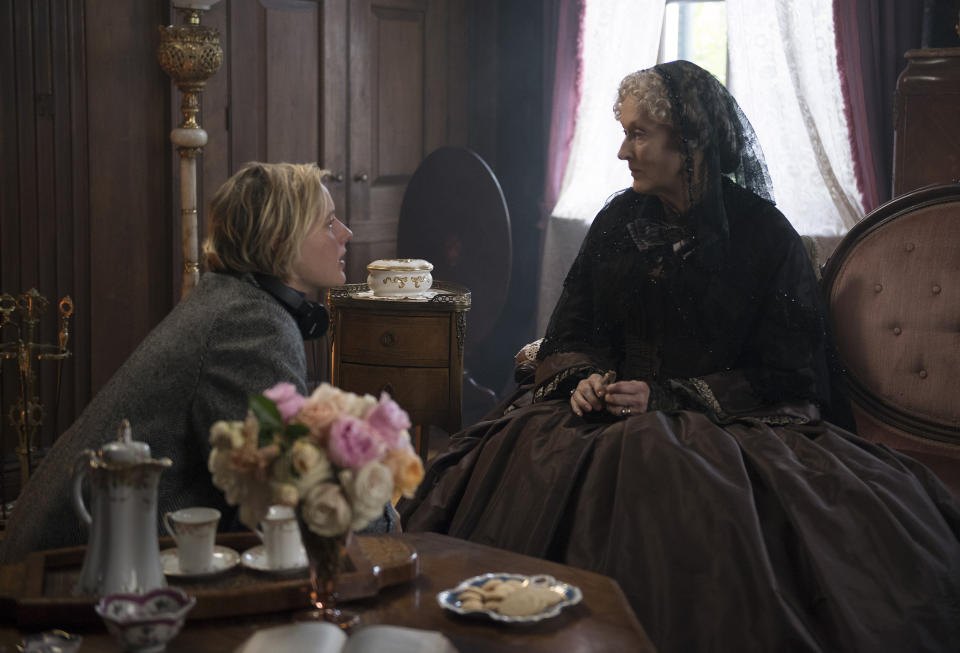 This image released by Sony Pictures shows, writer-director Greta Gerwig, left, and actress Meryl Streep on the set of "Little Women." On Monday, Jan. 13, Gerwig was nominated for an Oscar for adapted screenplay for her work on the film. (Wilson Webb/Sony Pictures via AP)