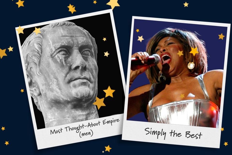 A Polaroid of a Roman statue, captioned "Most Thought-About Empire (men)," next to a Polaroid of Tina Turner, captioned "Simply the Best."