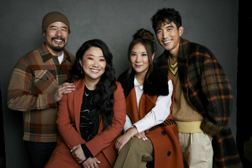 FILE - Director Randall Park, from left, Sherry Cola, Ally Maki, and Justin H. Min pose for a portrait to promote the film "Shortcomings" at the Latinx House during the Sundance Film Festival on Sunday, Jan. 22, 2023, in Park City, Utah. "Shortcomings" opens in theaters Friday. (Photo by Taylor Jewell/Invision/AP, File)